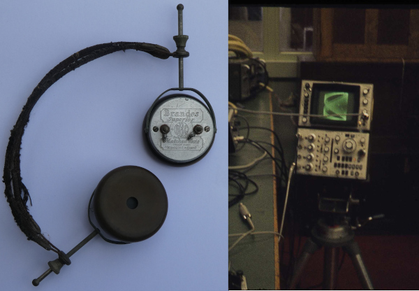 old headphones and oscilloscope compared