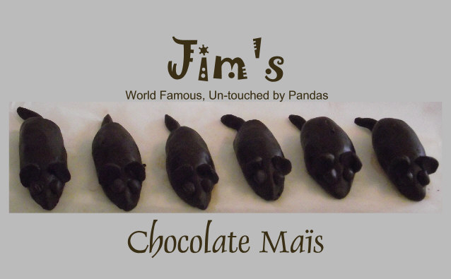 six chocolate mice labelled  Maïs