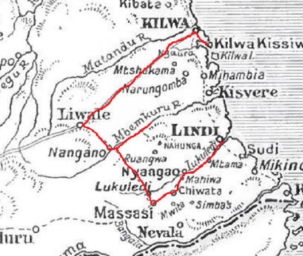 map showing route kilwa kisiwani to lindi