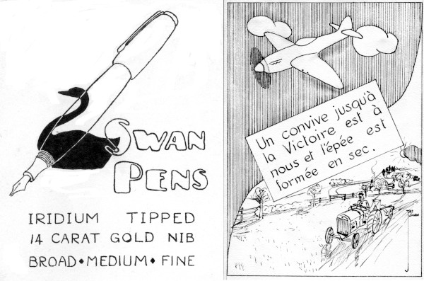 black pen advertisment for swan pens and black line WW2 patriotic poster