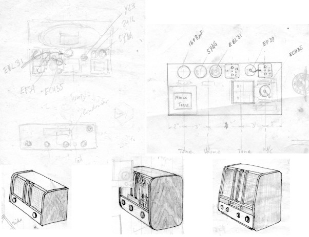 sketches of 2, 3 and 4 knob radio
