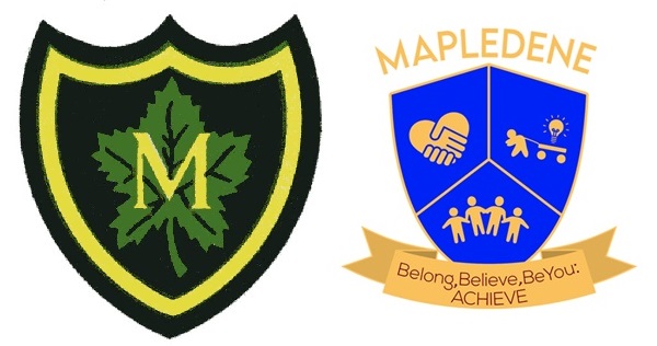 old badge, letter M set on maple leaf inside a shield:new badge, three-segmented shield with icons reflecting school mission statement