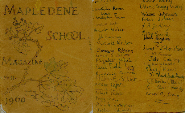 front and back covers of school magazine, oak leafs on front cover, signatures on back cover